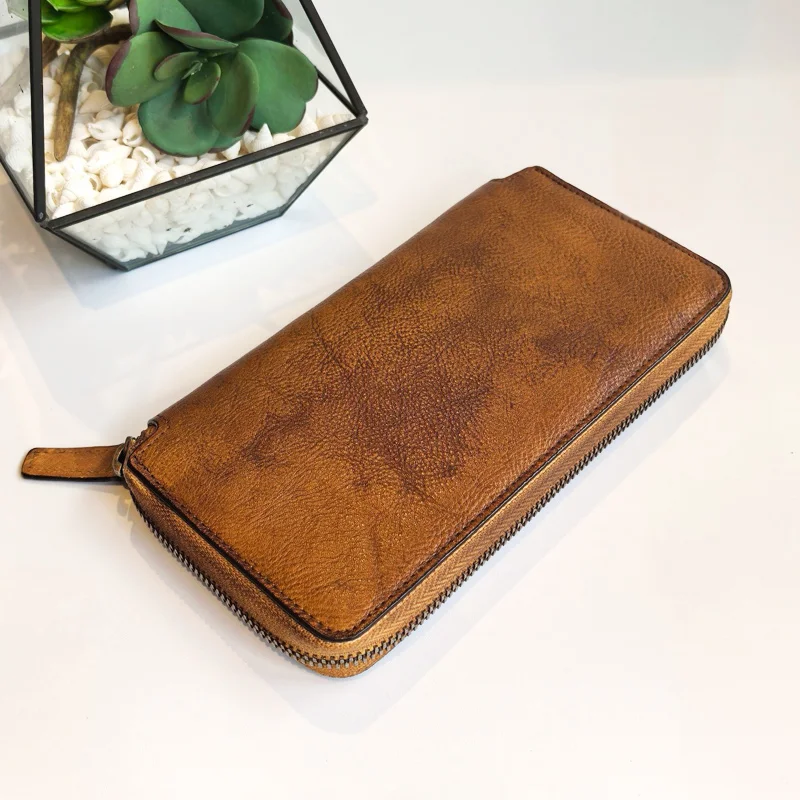 

Hand-planted tanned cow leather long purse women's casual everything mobile phone bag wallet leather Photo bag