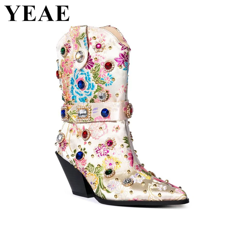 Luxury Designer Rhinestone Crystal Ankle Boots Women Western Embroider Pointed Toe Cowboy Boots Chunky Party Banquet Shoes Woman