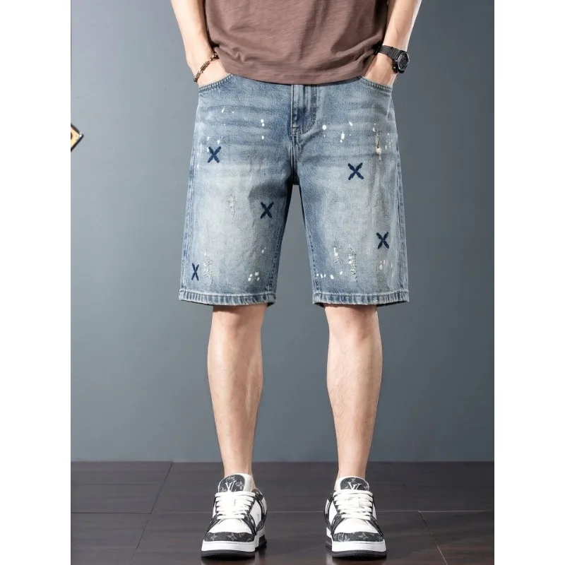 Mens Splash Ink  Embroidery Washed Loose Knee Length Denim Bermuda Shorts