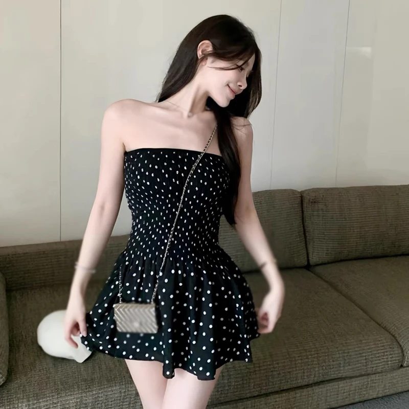 Women Dress Black Polka Dot Tube Dresses Fashion Sleeveless Off Shoulder Casual Ladies Clothes