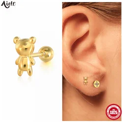 Aide 925 Sterling SilverCute Small Golden Bear Stick Earpost Spiral Stud Earrings For Women Classic Fashion Ear Bone Earring 1pc