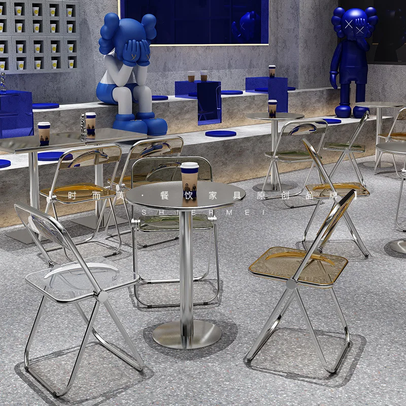 

Industrial Style Stainless Steel Café Table and Transparent Folding Chair Set - Durable Commercial Furniture Restaurant Table