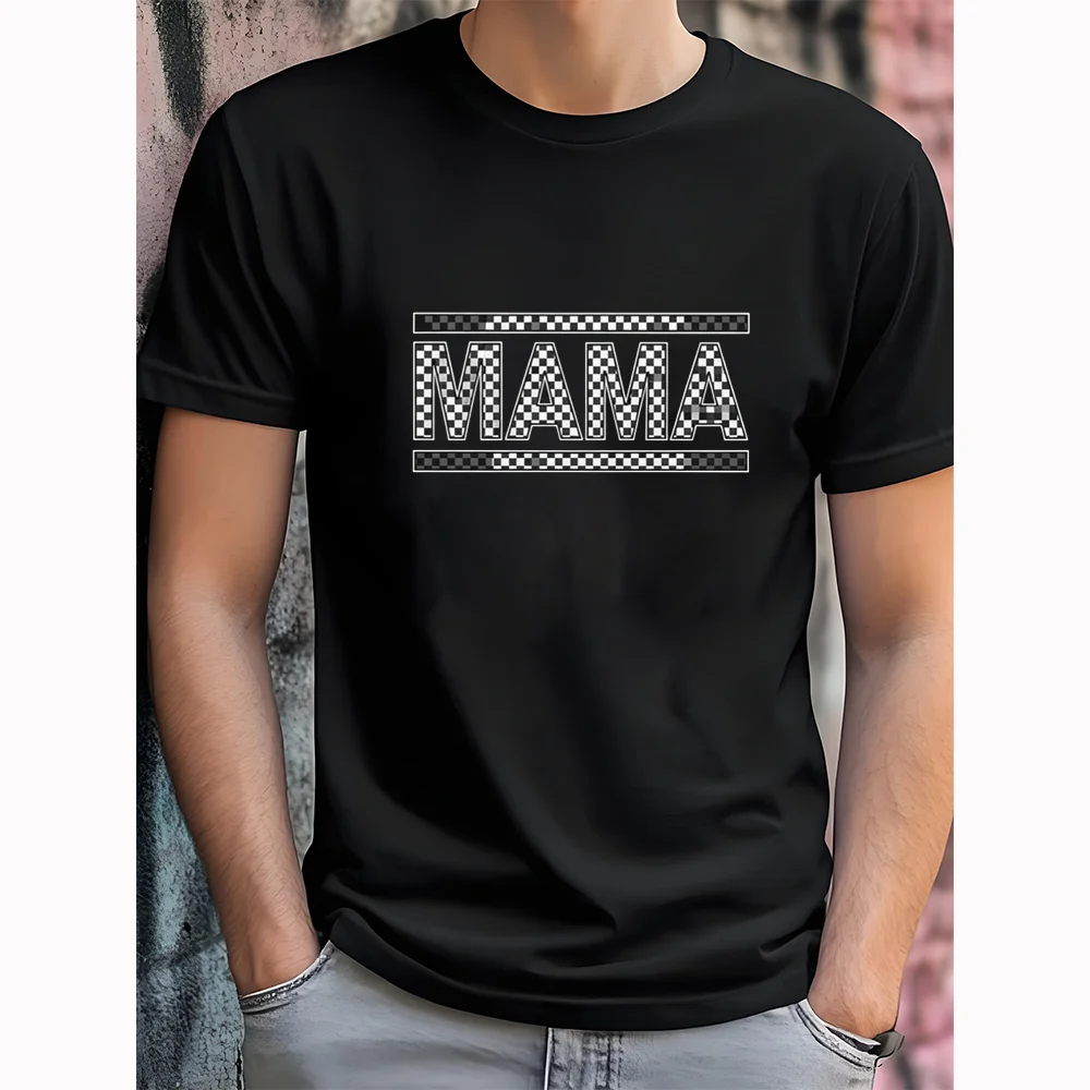 Checkered MAMA Letter Print Black T-Shirt—American Retro “Mom” Theme, Loose-Fit Short-Sleeve Mother's Day Gift, Unisex Top KT10012