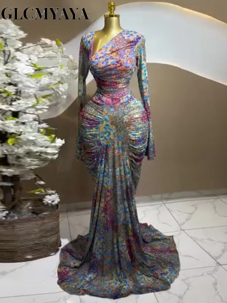 CM.YAYA Женское длинное платье макси с принтом тай-дай и косым вырезом, расклешенным длинным рукавом и рюшами, 2026, вечерние сексуальные вечерние платья на день рождения