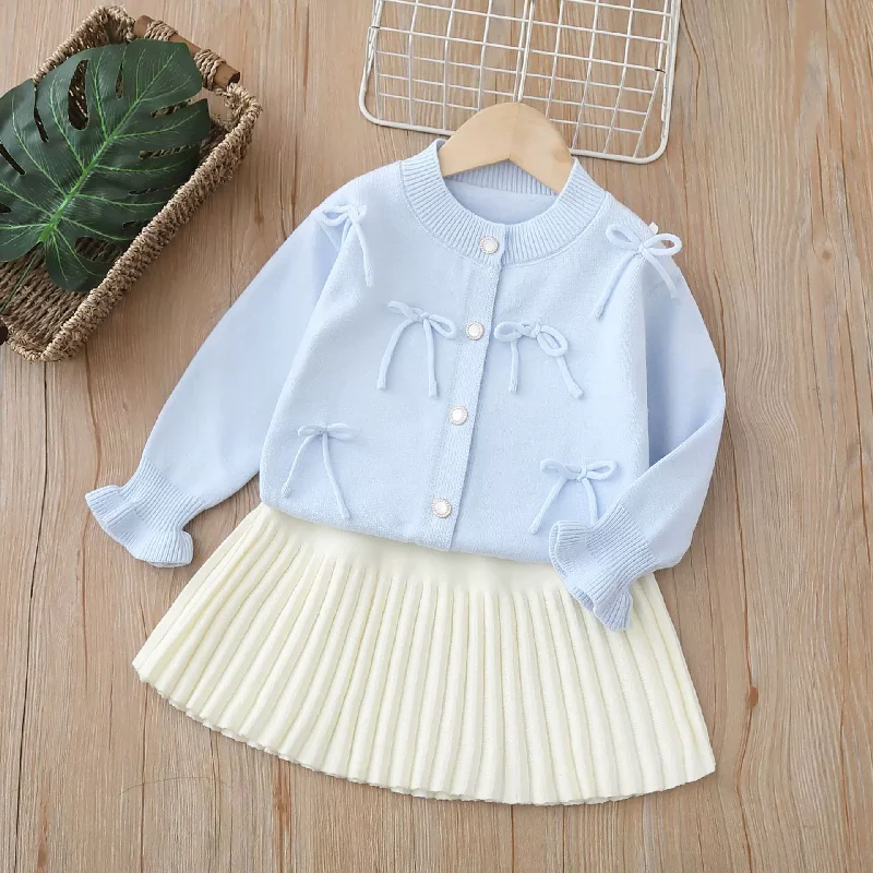 Girls Princess Sets Winter Kids Sweaters+Skirts 2Pcs Children Clothes Baby Cardigan Suits Autumn Fashion Knotbow Outfits 2-6 Yea