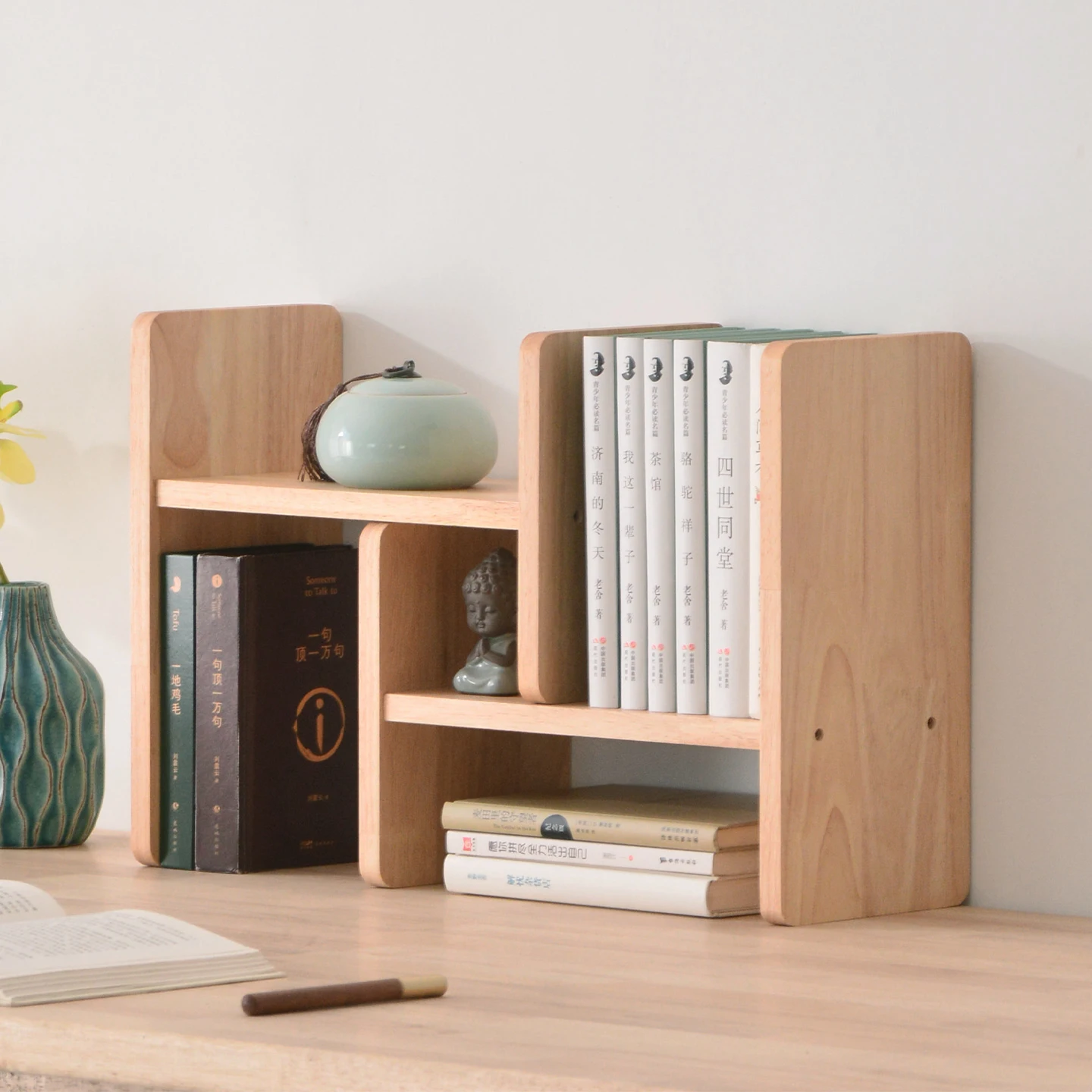 

Настольный органайзер из каучукового дерева с регулируемыми полками - 3-уровневая подставка для чайного сервиза/книг, минималистичная полка для хранения