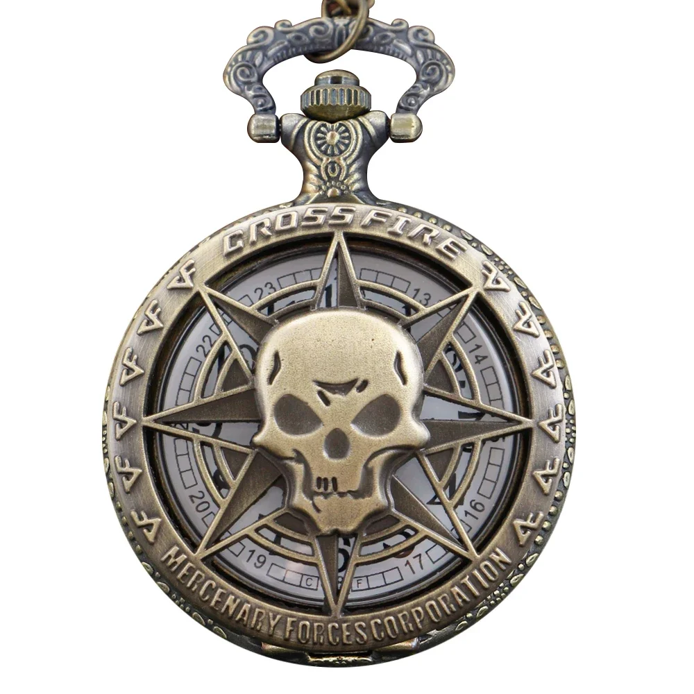 Retro Hollow Cowboy Pendant Bullet Skull Bronze Quartz Pocket Watch Mini Time Gem Necklace Clock Men Women Kids Gift Accessories
