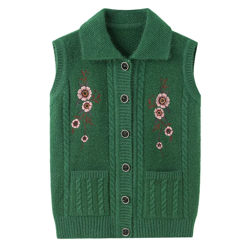 Embroidered Middle-Aged Elderly Women\'s Sweater Vest Spring Autumn Clothes Grandma\'s Winter Cardigan Vests Mother Knit Tops