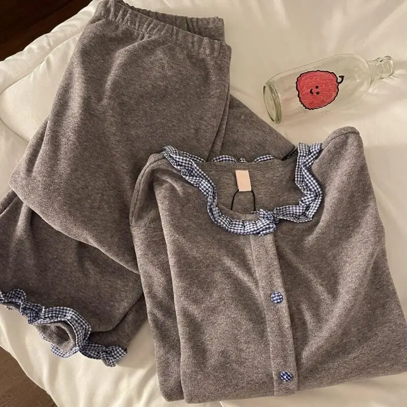 

Pajamas Set Women Winter New Flannel Lined Thick Warm Homewear Loungewear Sleepwear Lace Trim Plaid Fleece Nightwear Set