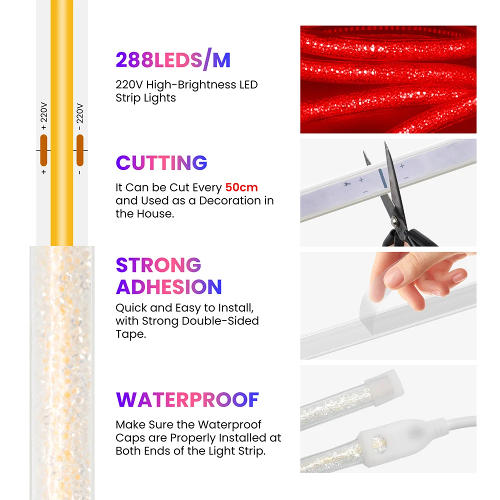 220V Highlight Crystal COB LED Neon Strip Light for Retail Boutique Shop Window 288 Bright LEDs AC220V EU/UK Plug 5M 10M 0.5M