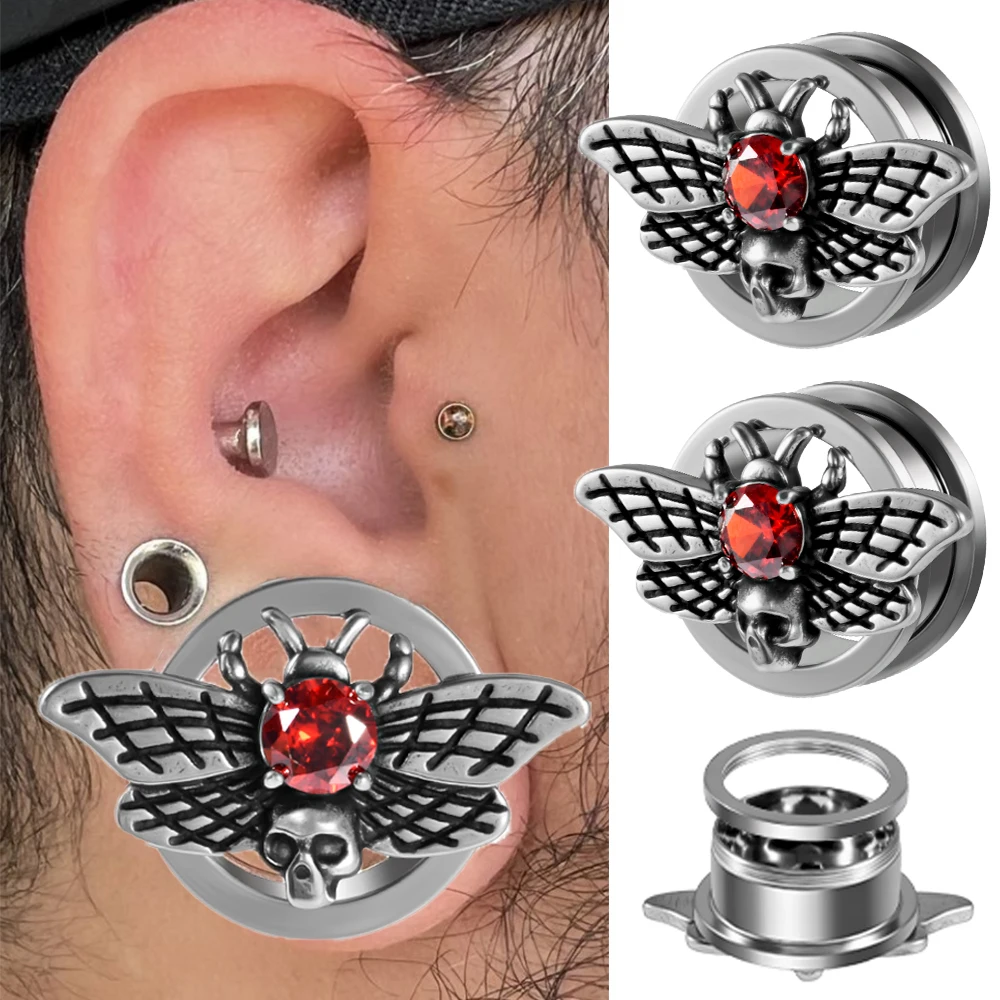 2/1PCS Red Zircon Skeleton Butterfly Stainless Steel Pulley Ear Plugs Tunnel Gauge Stretching Expander 8-25MM Body Piercing