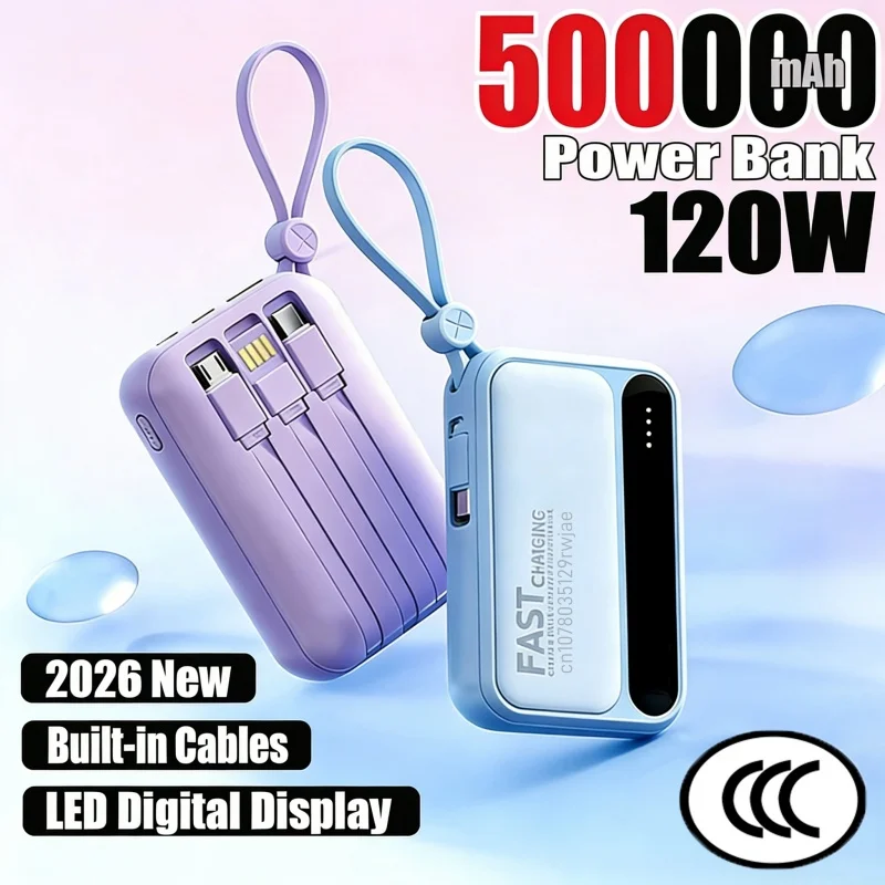 

120W 500000mAh Power Bank Large Capacity 4 In1 Cables Intelligent Digital Display Light Portable Powerbank For iPhone Huawei New