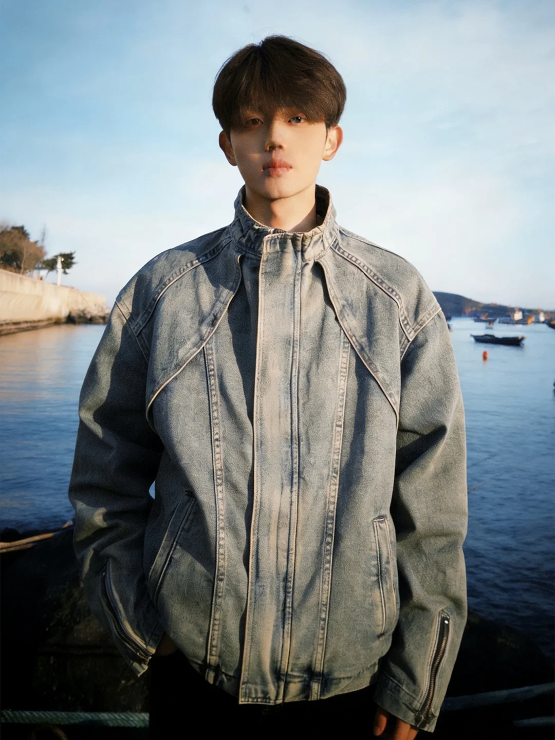 

Vintage Waed ort Stand Collar Men's Denim Jaet Spring American Sle Workwear Jaet Durable Casual Faion Youthful