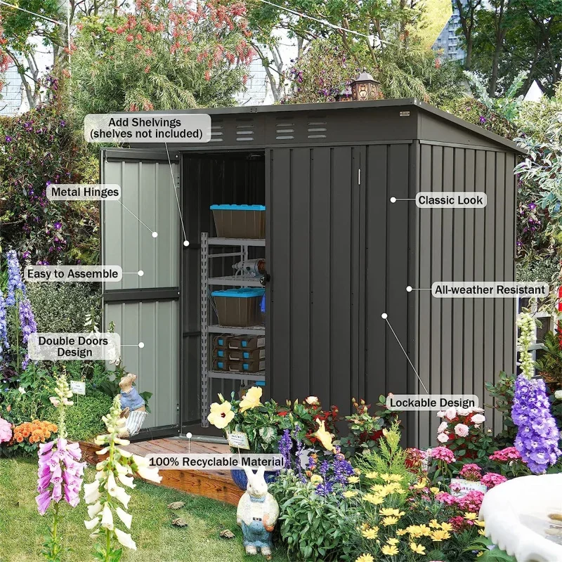 Storage Shed with Sloping Roof Galvanized Steel Frame Outdoor Garden Shed Metal Utility Tool Storage Room For backyard gardens