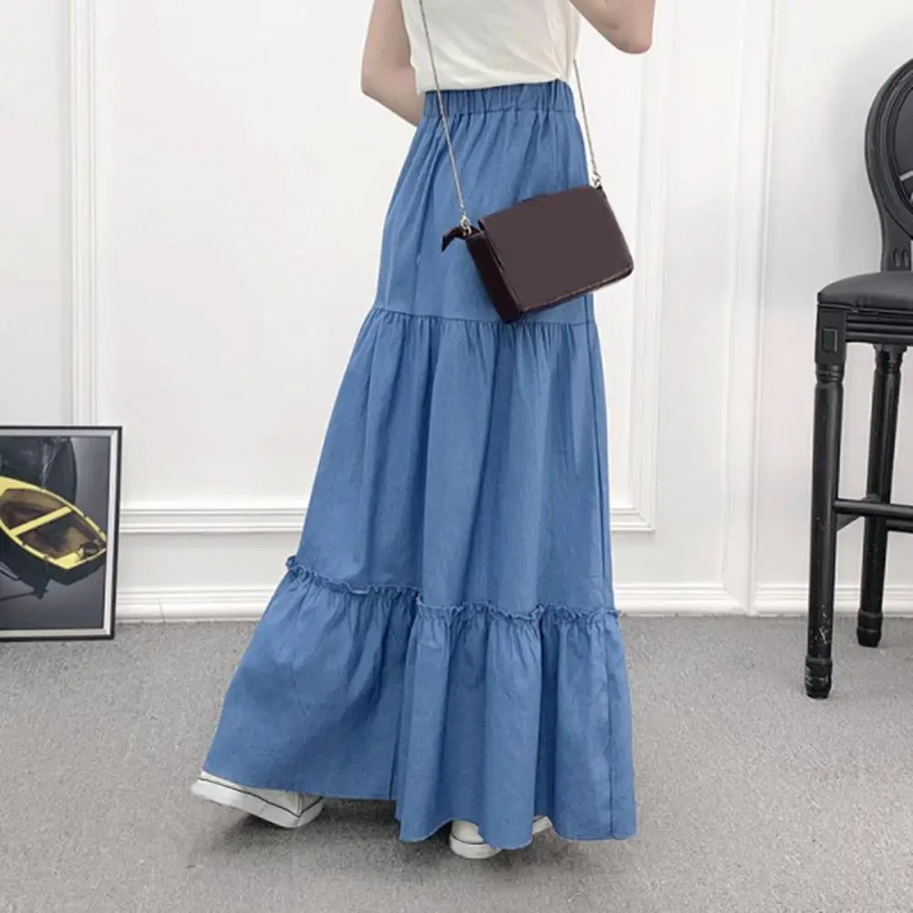 

Chic Women Skirt Solid Color Loose Lady Denim Skirt Ruffle Colorfast Summer Skirt