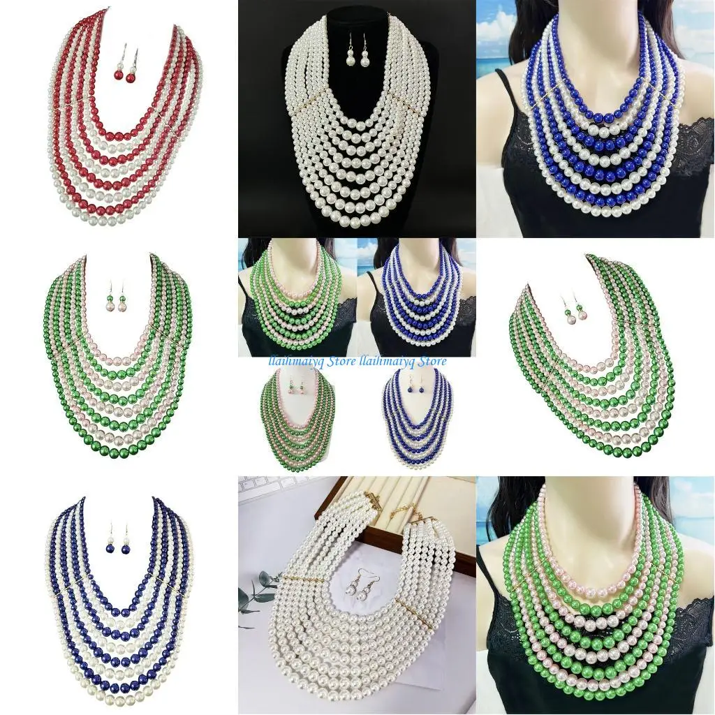 

573B Contemporary Stacked Imitation Pearls Necklace Earrings Set Fashion Accessory