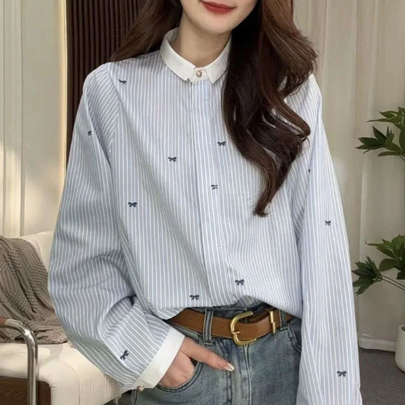 

Ladies New Small Fresh College Fashion Ladies Shirts With Pinstripes Fashionable Spring Summer With Short Sleeves And Slim Shirt