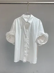 Retro Style Elegant Women's Shirt 2024 New Women's Fashion Luxury Short Sleeve Sexy Leisure Flower White Shirt