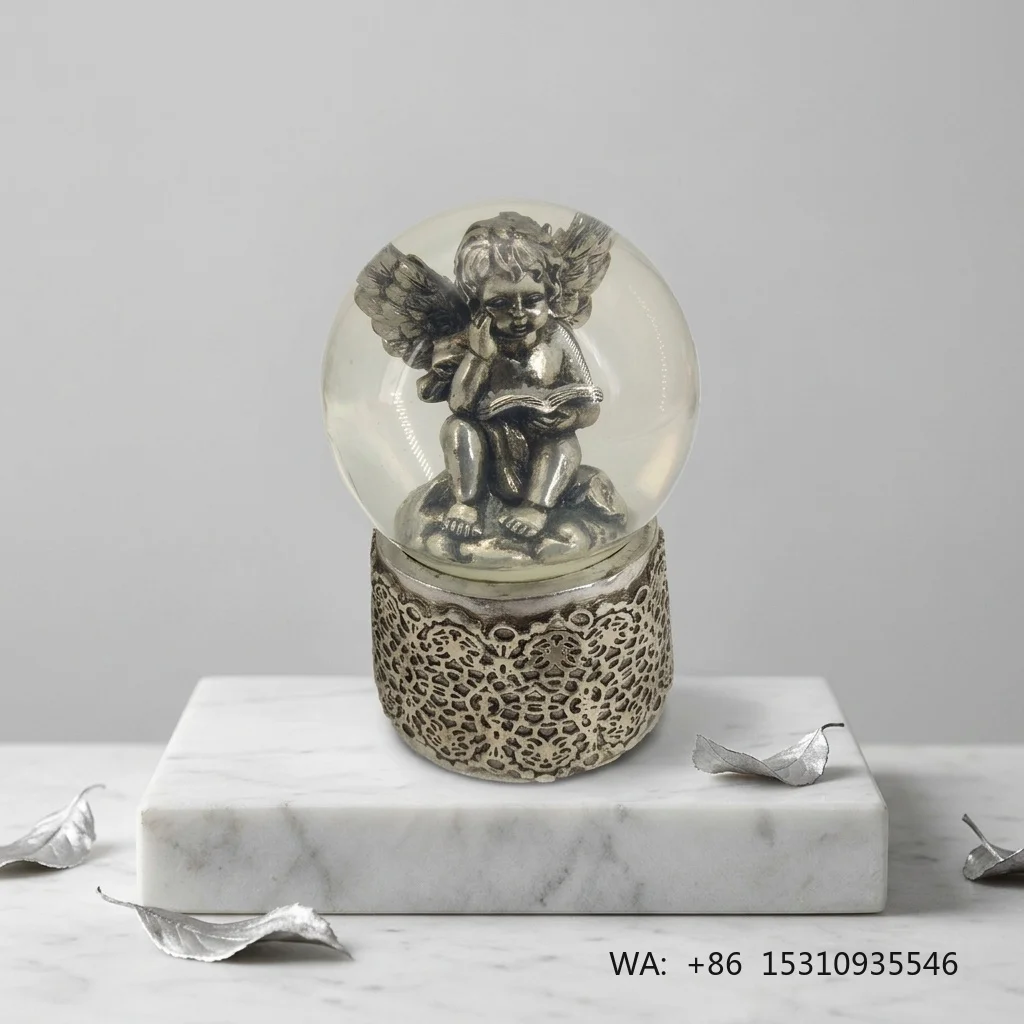 Boule à neige musicale et contemplative en résine de 100 mm, peinte à la main, avec ange, décoration religieuse pour la maison, souvenir de Noël, artisanat raffiné