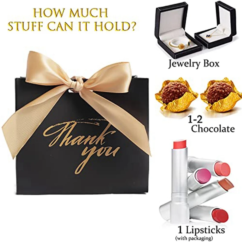 24Pack Small Thank You Gift Bag Party Favor Bags Treat Boxes With Gold Bow Ribbon, Black Paper Gift Bags