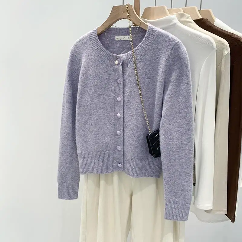 

Women's Short Weater Cardigan Solid Color Simple Round Neck Knit Sweater Girl's 2025 Autumn Winter New Fashion Design Sense Tops