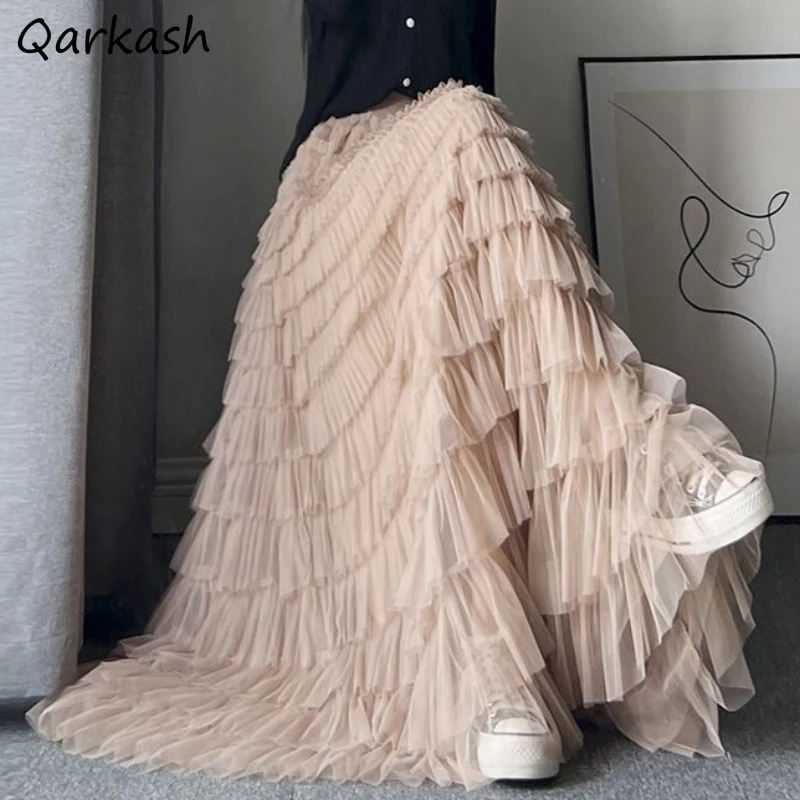 

Long Skirts Women Ball Gown Loose Ruffles Elegant Autumn Fairycore Casual Tender High Waist Fashion Girls Юбка Пышная Женская