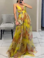 Printing Patchwork Deep V-Neck Loungewear Dress, Women Summer 2025 Sleeveless Sexy Dress, Lace-Up Backless Ladies Dress Vestidos