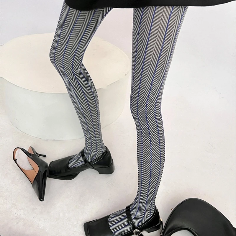 

Retro Colored Stripes Pantyhose for Women Autumn Winter Water Ripple Pattern Cotton Knit Tights Female Office Daily Stockings