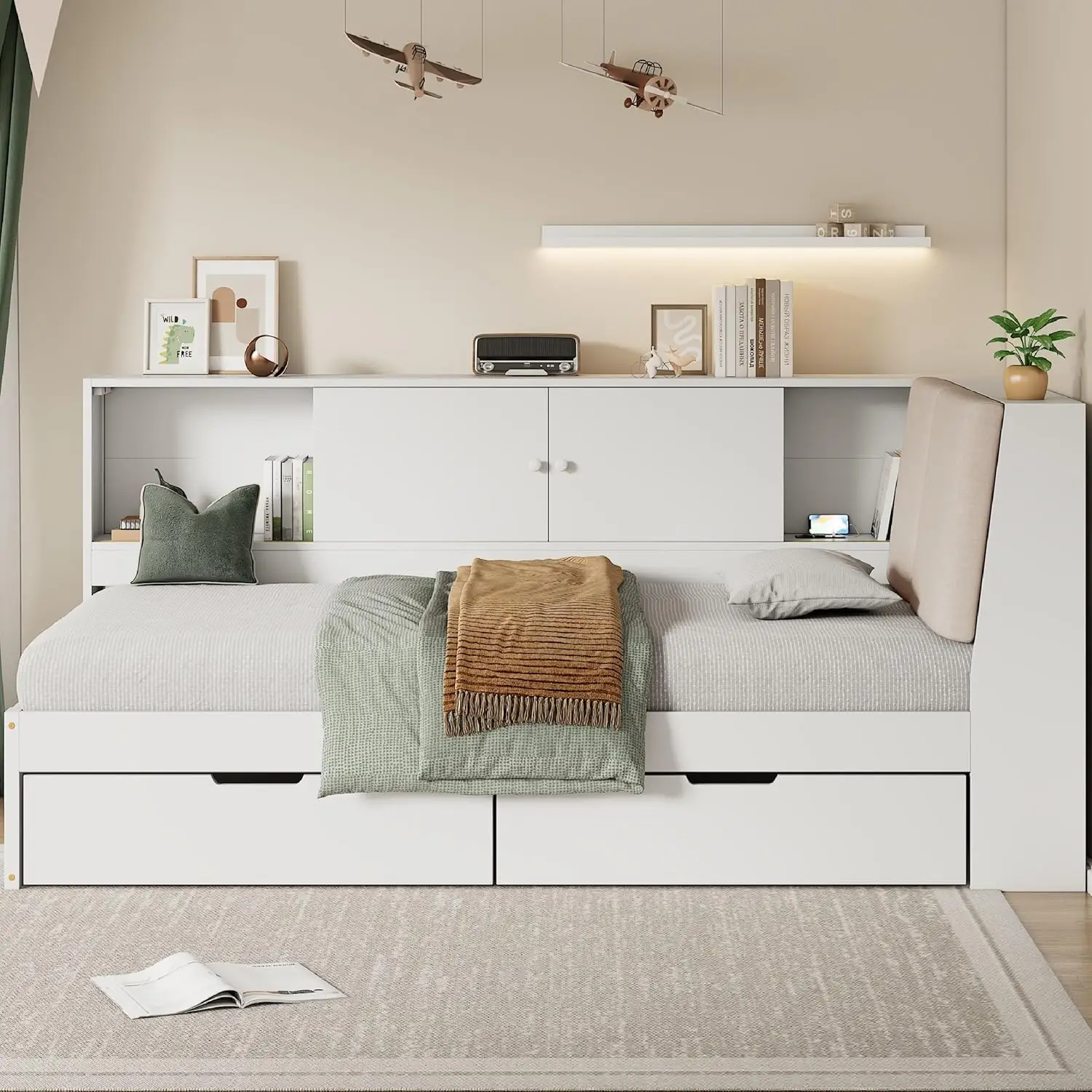 Merax Twin Size Daybed With Usb Charging Port, Wood Floor Day Bed Frame With Storage Drawers & Headboard, Space-Saving Corner