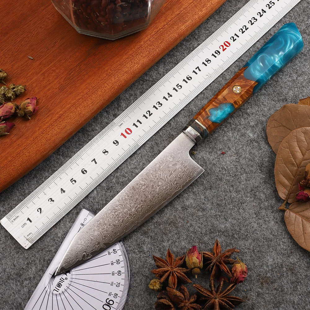 2020 New Style Peeled Fruit 67 Layers Damascus Steel Blade Resin + White Shadow Wooden Handle EDC Outdoor Tool Chef Knife