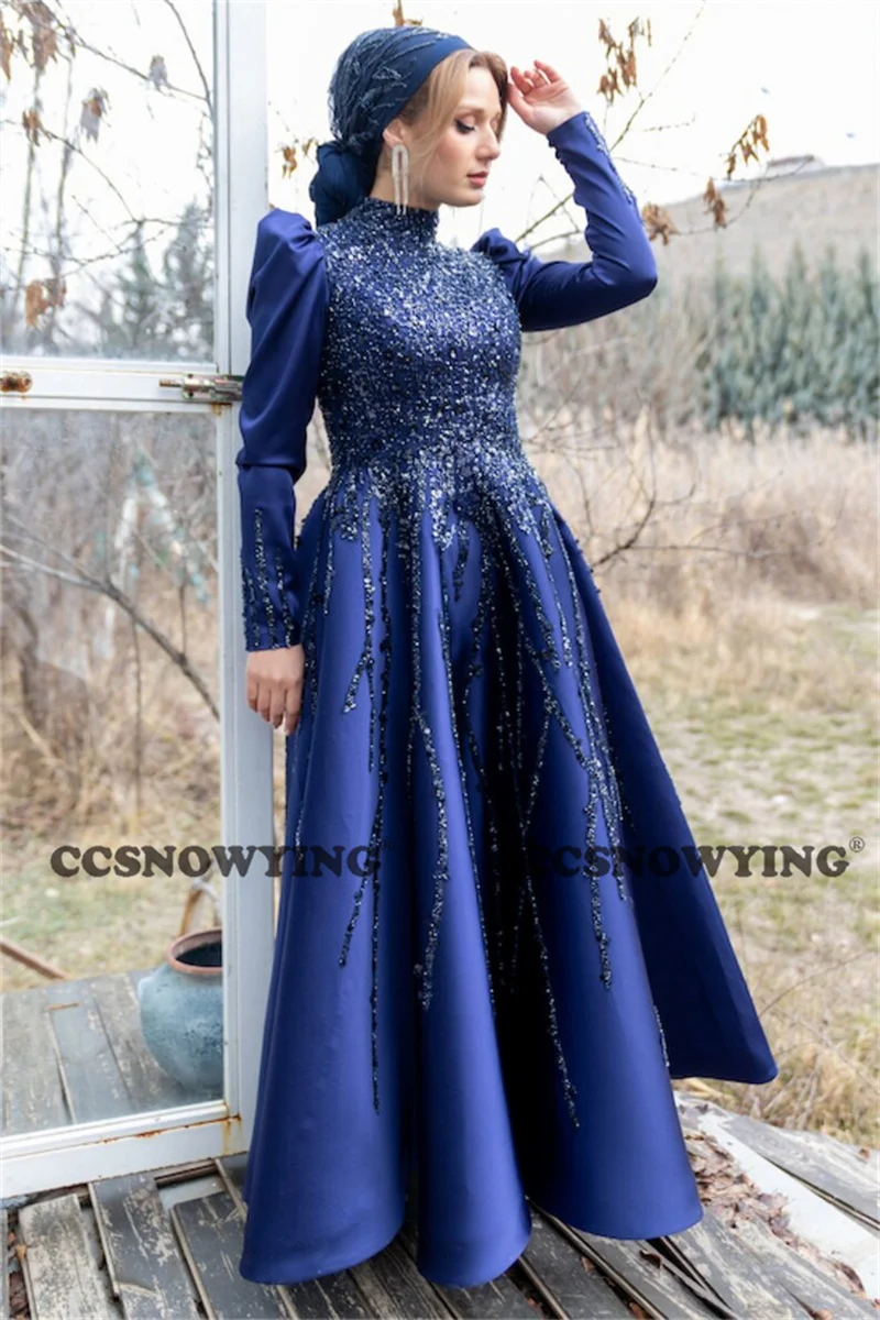 

Satin Sequin Beaded Muslim Evening Dresses Arabic Dubai Long Sleeve Hijab Islamic Prom Formal Party Gown Women Moroccan Caftan