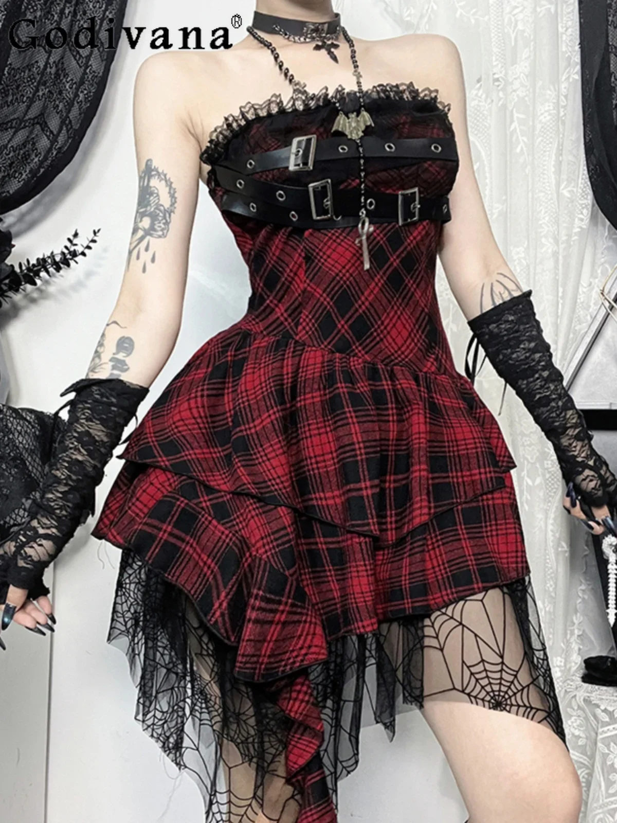 

Black and Red Plaid Tube Top Sexy Dress Subculture Christmas Hottie Skirt Punk Skirt Irregular Dresses