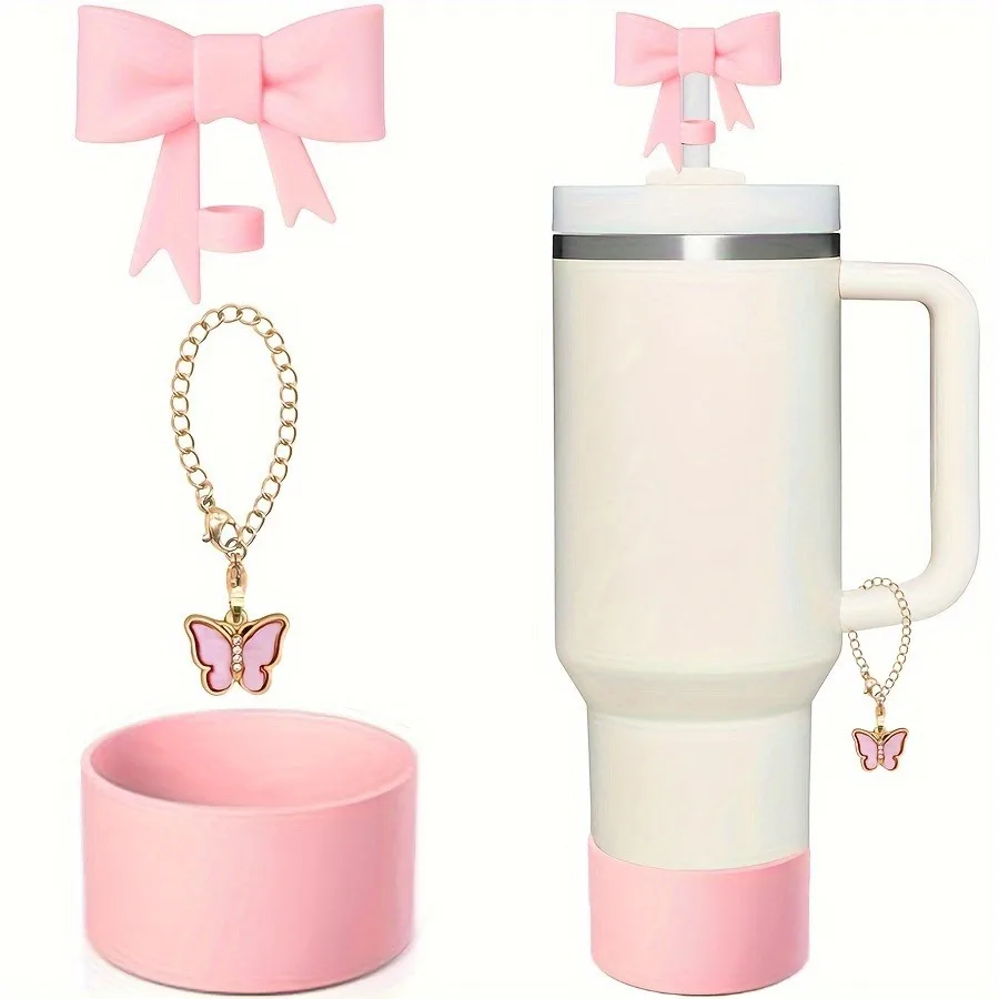 3Pcs Bow Straw Cover for Cup Pink Butterfly Chain Silicone Boot Pink Cup Accessories Set for 30/40 OZ Tumbler ﻿