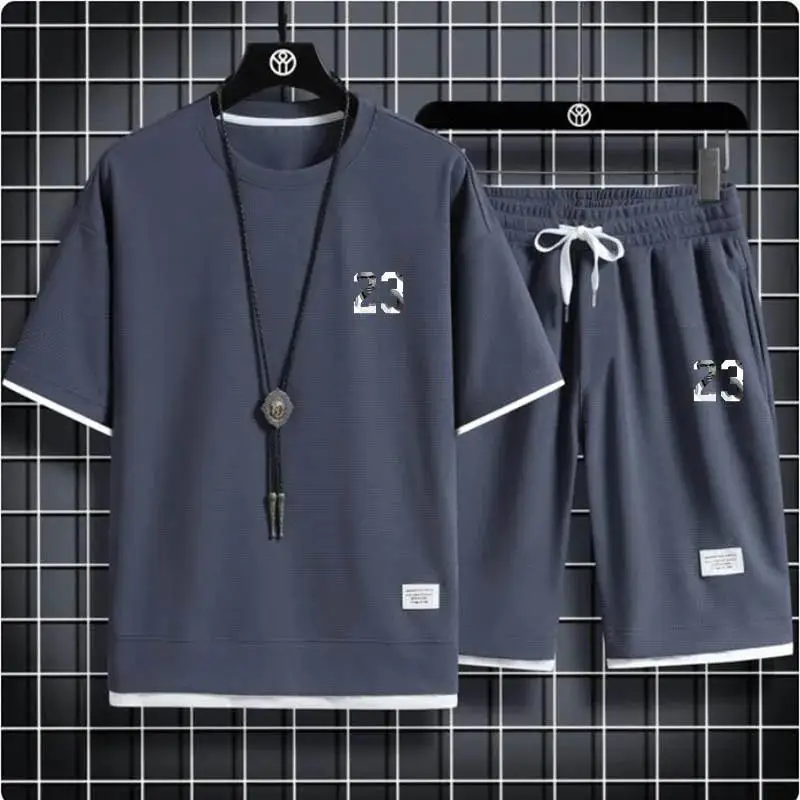 

2025 Waffle Pattern 2 Piece Men Shorts Set Summer Tracksuit Men Fashion Clothing Harajuku Style Fashion Loose Fit Sweatsuit