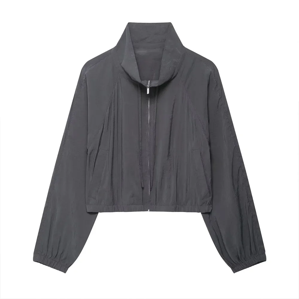 بدلة رياضية نسائية فضفاضة بياقة واقفة وسحاب وأكمام طويلة سترة مقصوصة برباط خصر مرن بنطال ذو قصة أرجل واسعة مجموعة خريف جديدة