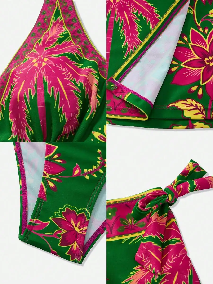 

Tropical Print One-Piece Swimsuit With Skirt Cover-Up For Women Vacation Beach