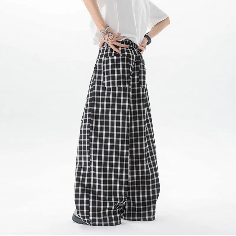 Spring Summer Mens Fashion Oversize Plaid Pants Wide Leg Buttons Long Trousers Elastic Waist Casual Bottoms Wear Plus Size