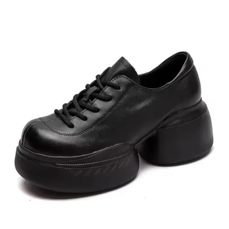 

Туфли из коровьей кожи на каблуке 7 см, женская обувь дерби, повседневная кожаная обувь на платформе, кроссовки на массивном каблуке