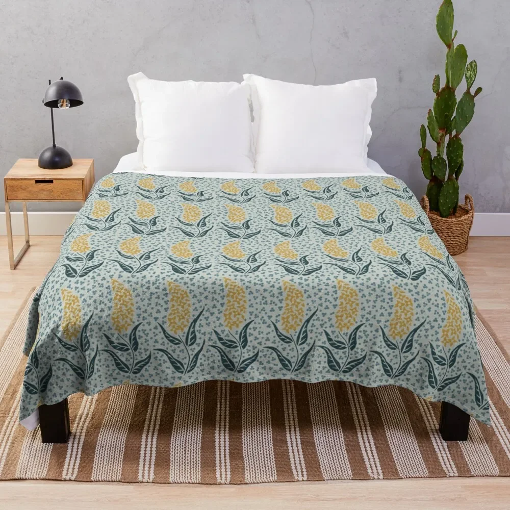 Flower Spike in Gold with Blue, Blue & Gray Throw Blanket Vintage Weighted Blankets