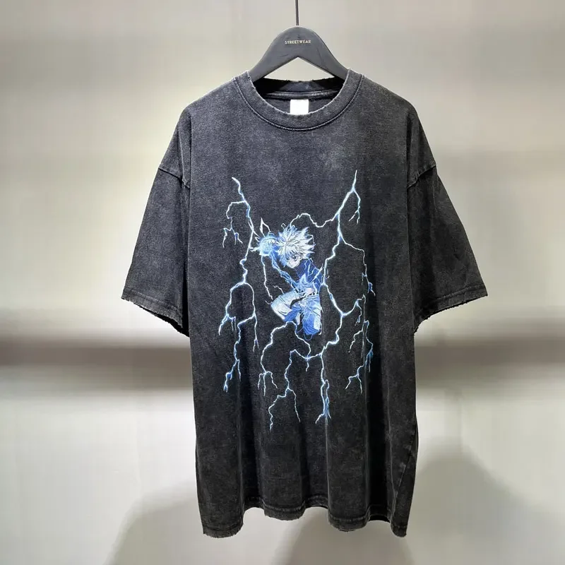 Killua Zoldyck Tops Tees Men Vintage Washed Anime T Shirts Retro Manga y2k Short Sleeve Oversized Retro Phantom Troupe T-shirt