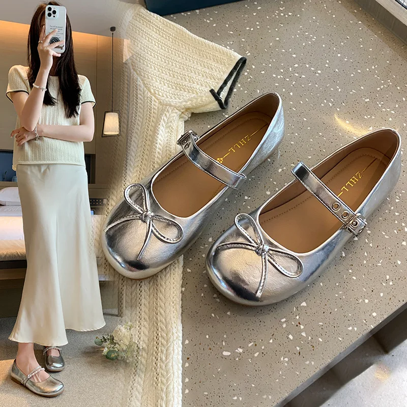 

Silver Flat Mary Jane Shoes Shallow Mouth Four Season Loafers Wide Width Plus Size Soft Comfortable Casual Slip On Footwear
