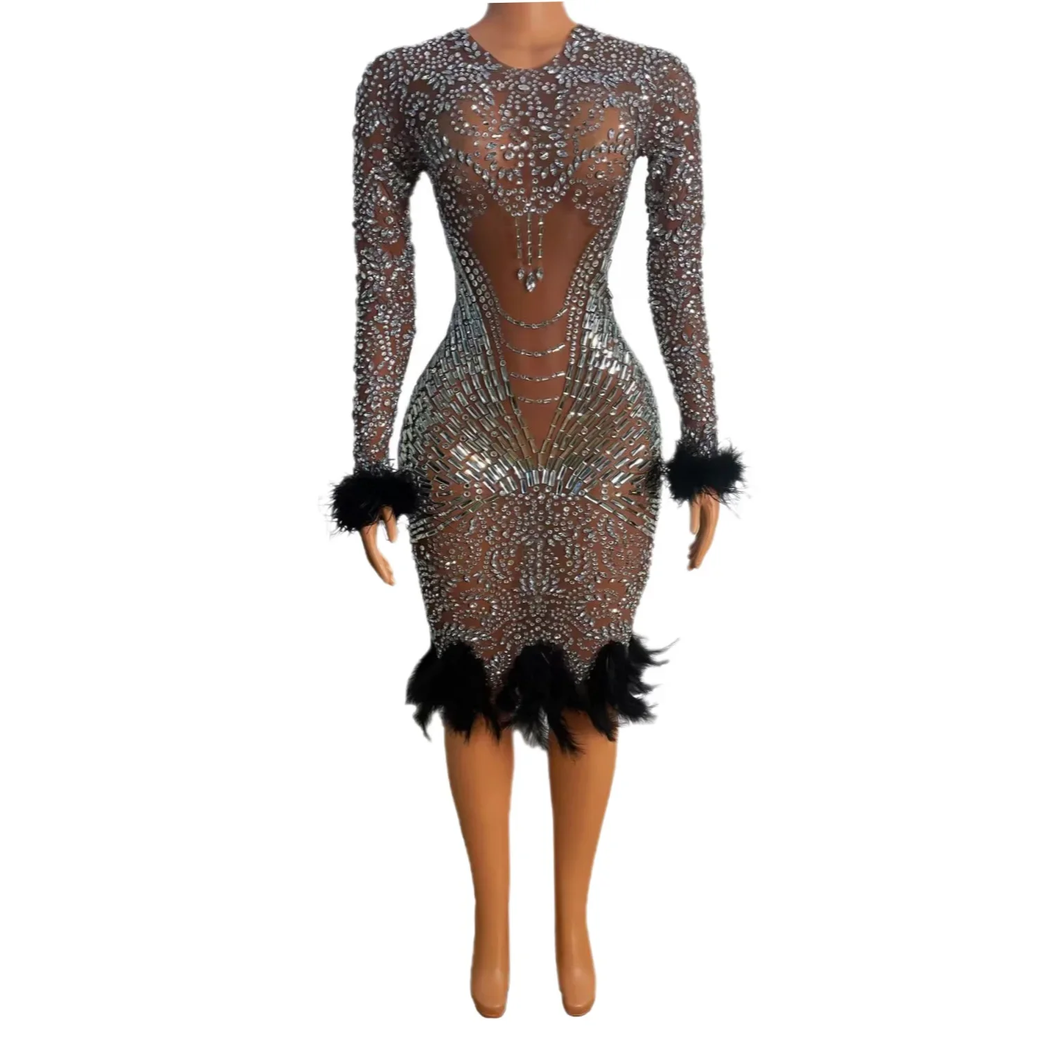 

Shining Rhinestones Sexy Long Sleeves Feathers Sheath Dress For Women Nightclub Party Clothing Prom Dance Jazz Costumes