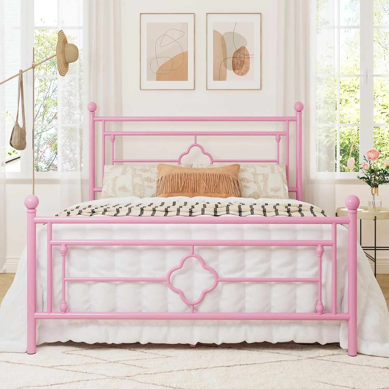 Full Size Metal Platform Bed Frame w/ Victorian Vintage Headboard & Footboard/Mattress Foundation/Under Bed Storage,Pink