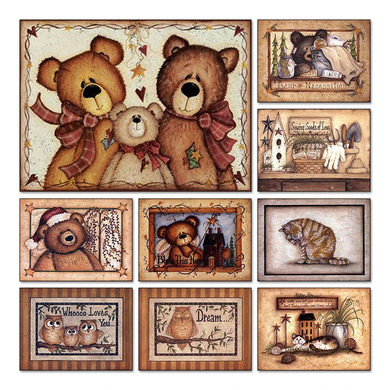 AB 5D DIY Diamond Embroidery Kit Retro Sewing Cartoon Bear Painting By Number Mosaic Full Square Flower Modular Pictures Art