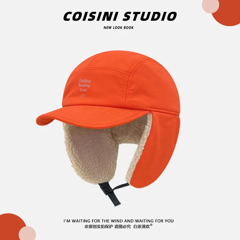 Winter Bomber Hats for Women Men Lamb Fleece Lined Earflap Cap Color Block Outdoor Running Ski Windproof Warm Aviator Hat