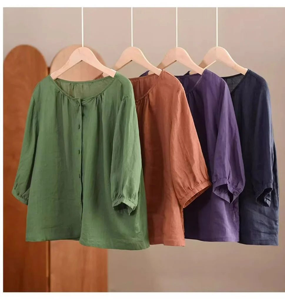 

Женская повседневная блузка из хлопка и льна с рукавом 3/4, круглым вырезом, на пуговицах, свободного кроя, летняя, дышащая, для офиса и отпуска