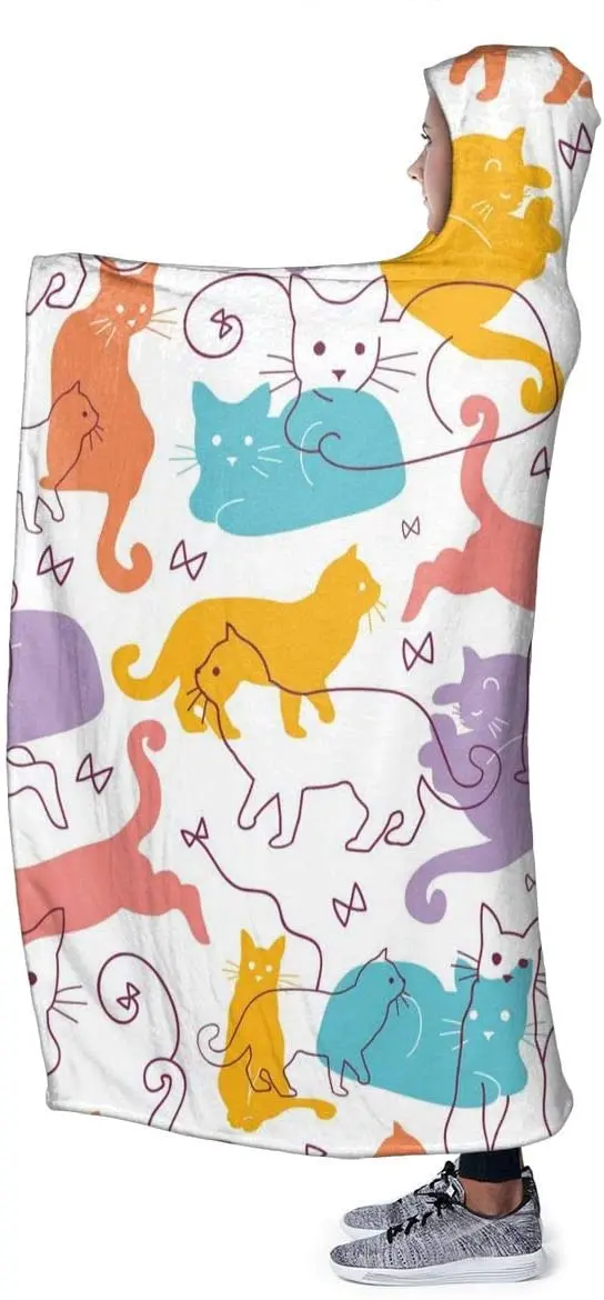 Cute Colorful Cat Hooded Blanket Anti-Pilling Flannel Wearable Blanket Hoodie-Plush Warm Throw Blankets for Kids Adults Teens