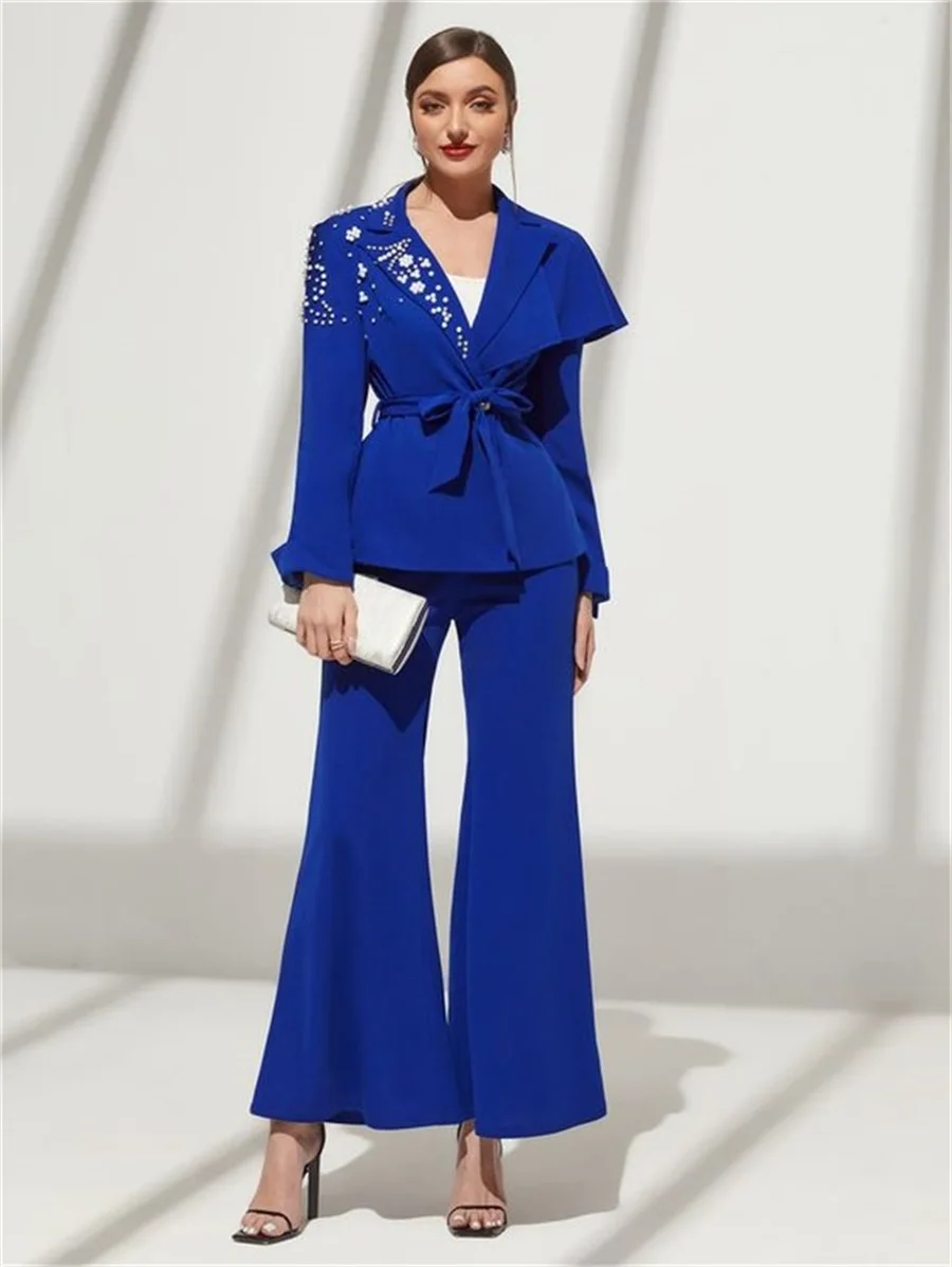 Royal Blue Women Suits Beads Crystal 2 Piece Blazer With Belt+Pants One Button Formal Office Prom Evening Dress Custom Made