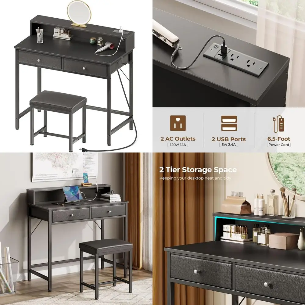 مكتب مكياج مدمج مع أدراج ومنفذ شحن USB لتخزين غرفة النوم #1