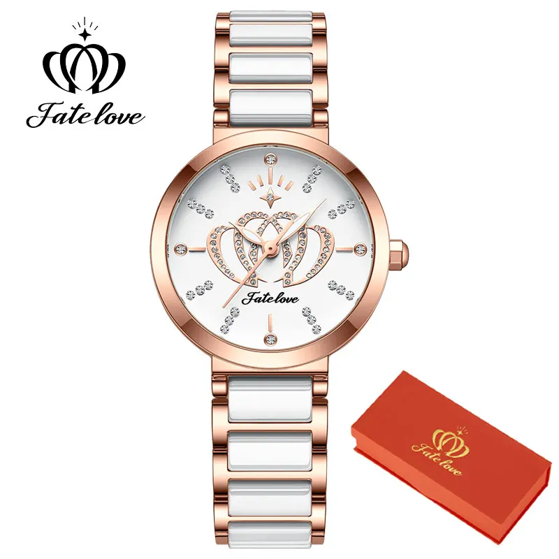 Fate Love 5877 Ceramics Watchstrap Quartz Watch for Women Japan Movement Elegant Ladies Bracelet Women's Watch Rose Gift Box Set